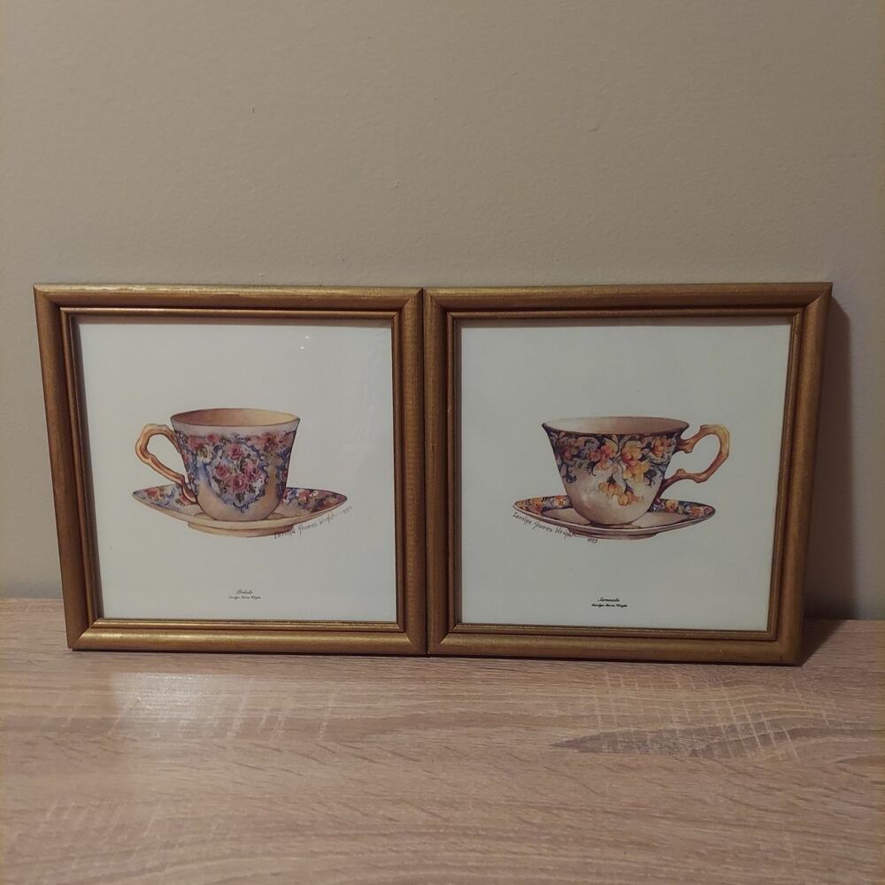 Carolyn Shores Wright Prelude Serenade Teacup Prints 1993 Gold Frames Pair